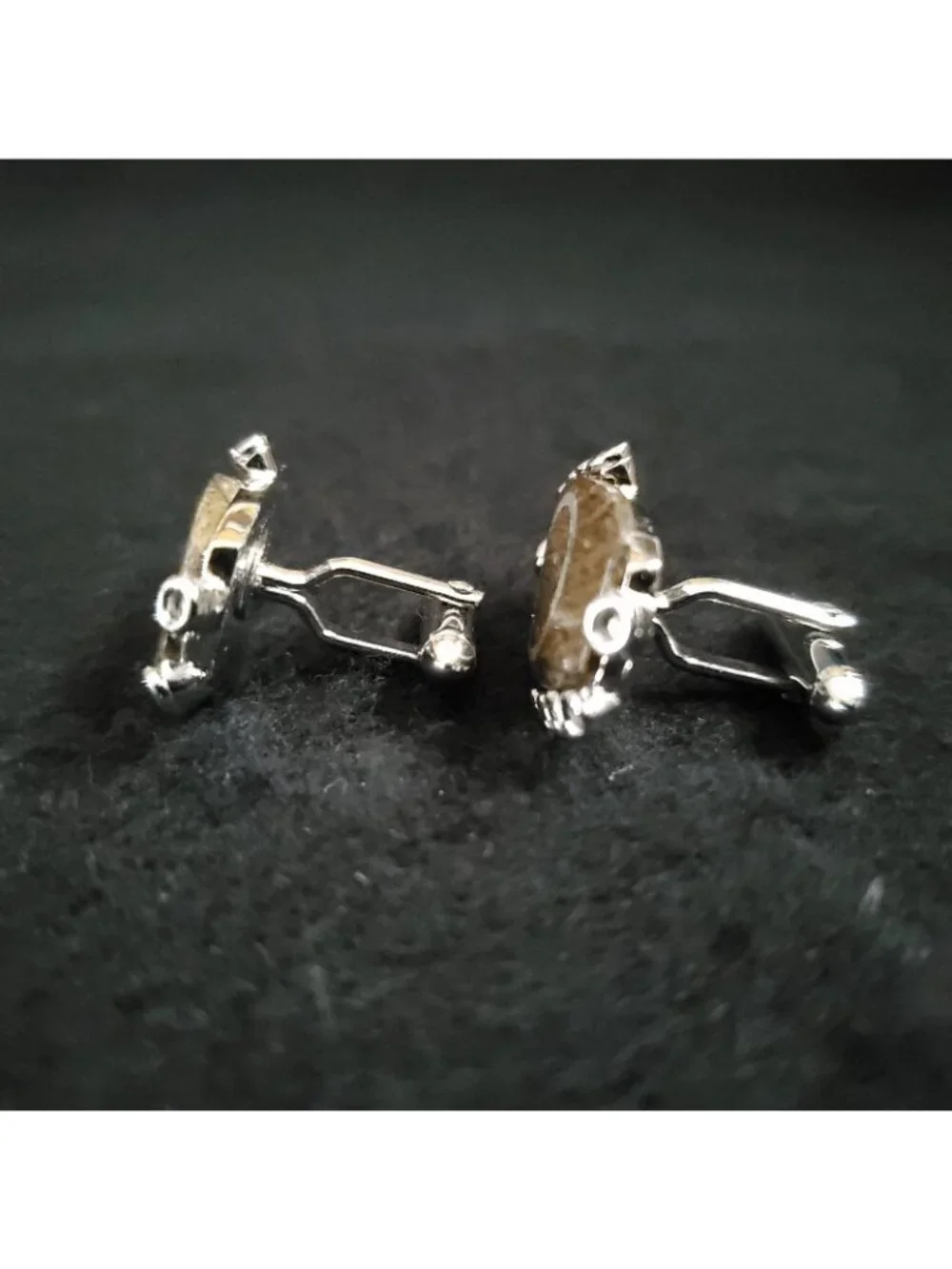 Vintage Swank Cufflinks Silver Tone Brown Wood Inlay 1.25